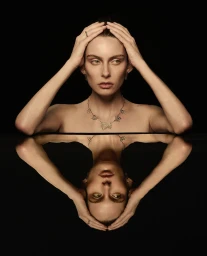 Model with hands on head wearing a gold necklace, reflected on a dark mirrored surface against a black background.