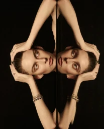 Model with stacked bracelets and rings framed in a mirror reflection against black background for Temple of the Sun