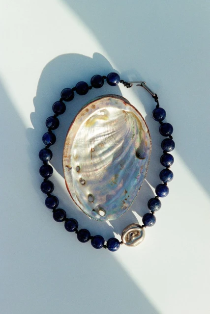 Overhead shot of a blue bead necklace surrounding an iridescent shell against a bright white surface with a subtle shadow.