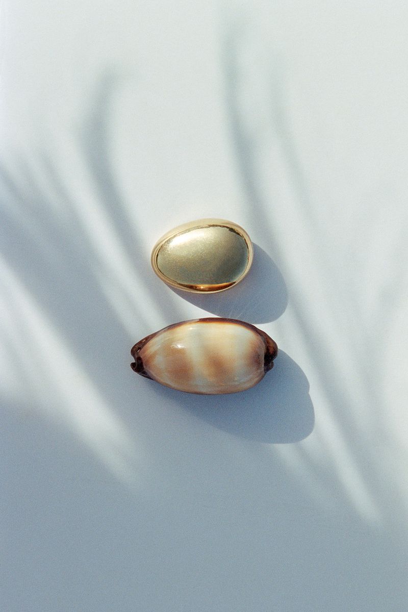 Overhead shot of a gold oval and cowrie shell on a white surface with soft, abstract palm frond shadows, creating a minimalist composition.