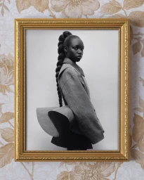 Black model with braided hair wearing sculptural jacket in framed portrait by Alexander McQueen