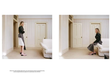 Two-panel fashion photograph of a blonde woman wearing a black leather jacket and plaid skirt standing and sitting in a room.