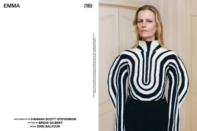 Model Erin Balfour wearing a black and white striped high-neck sweater in an editorial portrait for Peaches Issue 01 FW2024.