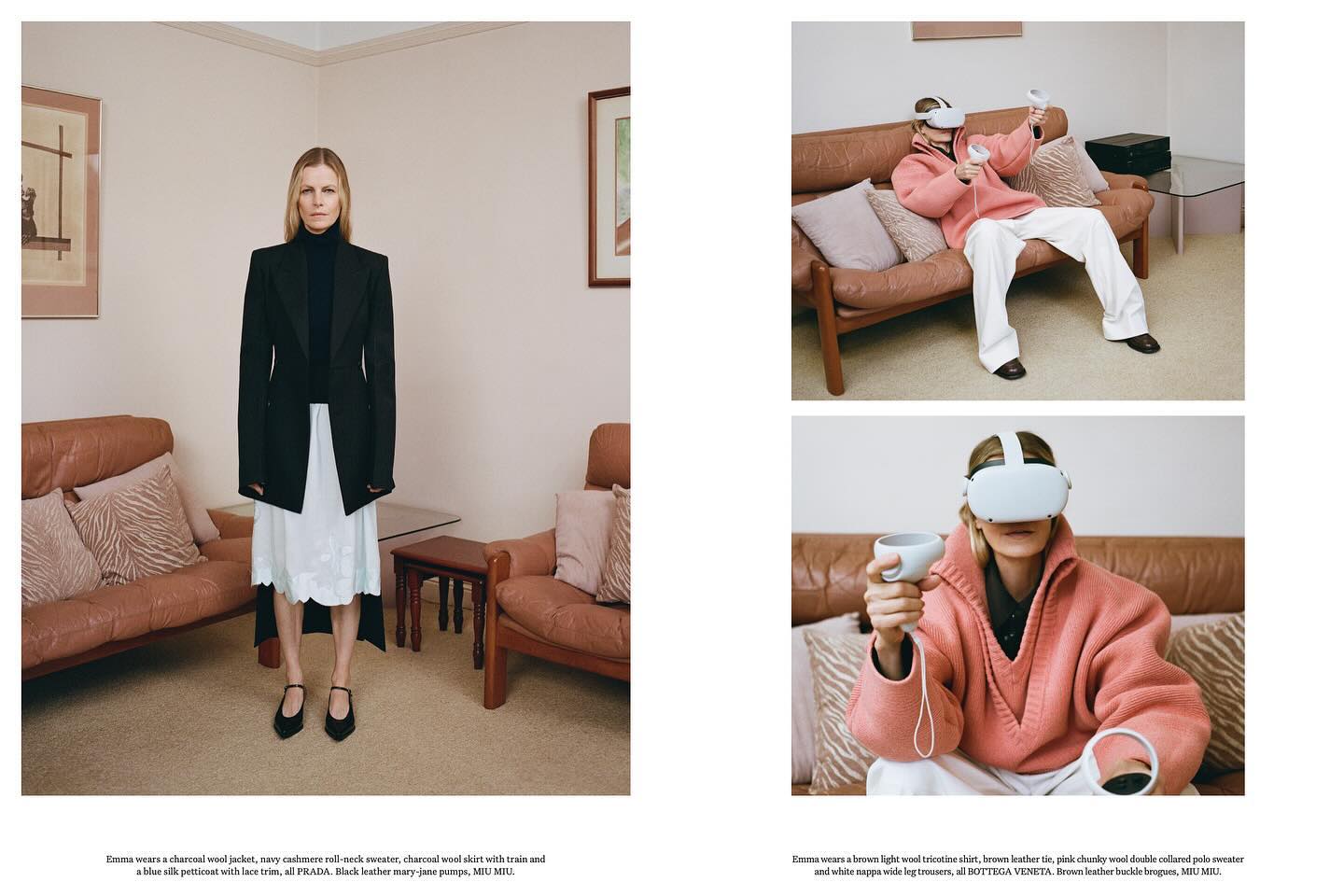 Fashion editorial featuring a woman in a black jacket and white skirt, and another woman using a VR headset in a living room setting.