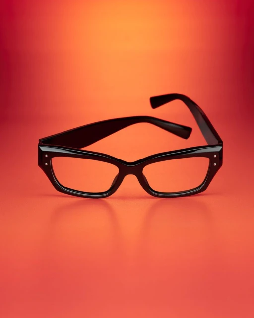 Eye-level studio shot of black-rimmed eyeglasses on a red and orange gradient background with subtle shadows. Product photography.