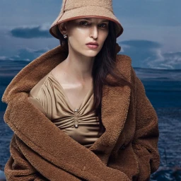 Model wearing a fuzzy bucket hat and brown coat against an outdoor landscape background for Helen Kaminski