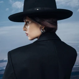 Woman wearing a black fedora hat and black blazer against an outdoor sky background for Helen Kaminski