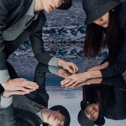 Two models posing over a reflective mirror surface against an icy landscape backdrop for Helen Kaminski AW24.