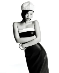 Jennie wearing a strapless black and white dress and white cap in a studio portrait for V Magazine