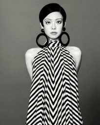 Black and white portrait of Jennie wearing a chevron halter dress and oversized circular earrings against a plain grey backdrop.