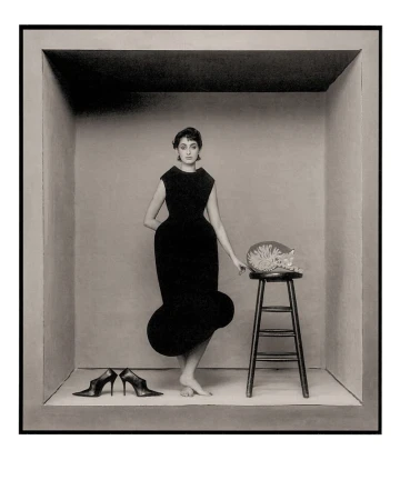 Woman in a black dress poses in a geometric box with a cat on a stool and high heel shoes in a vintage studio portrait.