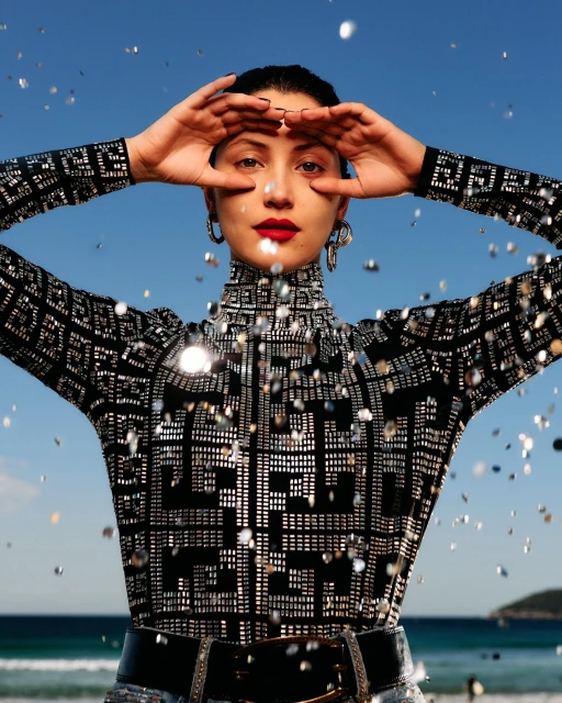 Woman in a patterned top frames her face with her hands against a blue sky and ocean backdrop with silver glitter accents.