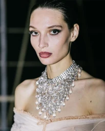 Close-up portrait of a model wearing a heavy crystal rhinestone choker necklace and sheer top