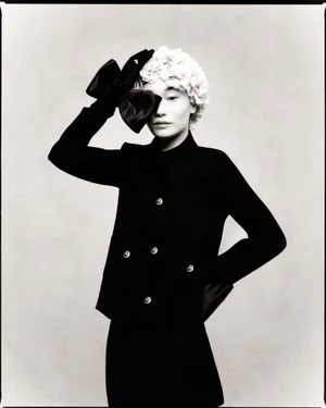 Model wearing a black jacket and floral cap holding a large satin bow over one eye