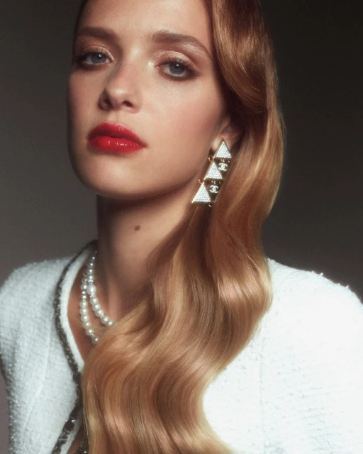 Close-up of a stylish adult woman with wavy blonde hair, pearl necklace, and triangle earrings, wearing a white tweed jacket.