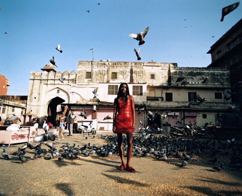 An adult female in a red dress stands amidst a flock of pigeons in an outdoor, daytime urban setting with a building in the background.