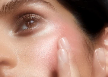 Close-up portrait of a woman's face showing smooth glowing skin with fingers touching cheek and warm eye makeup.