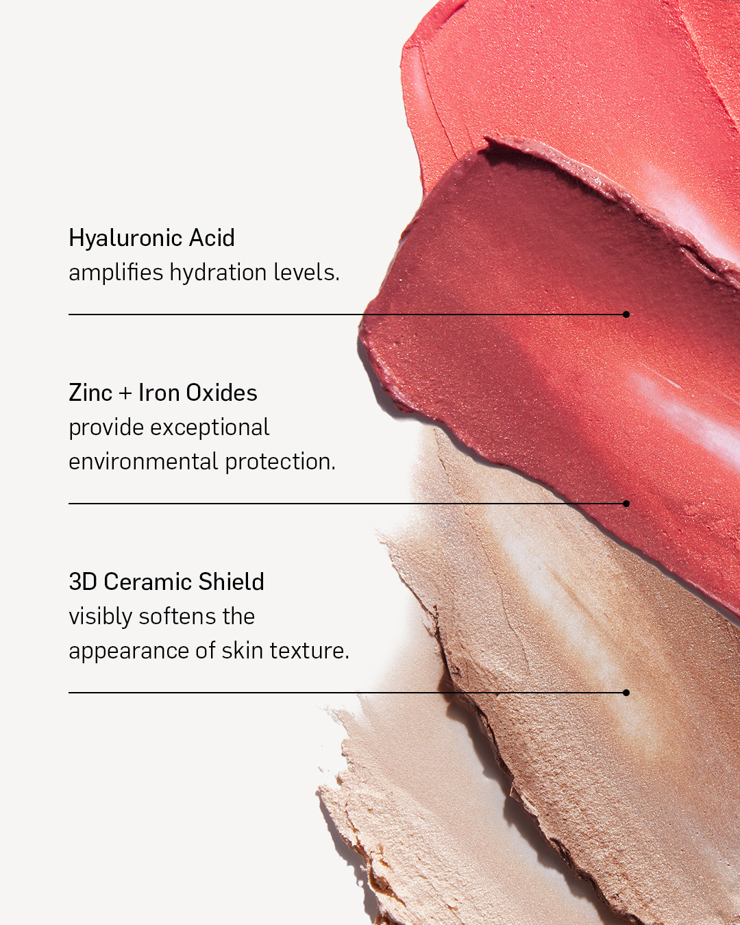 Cosmetic product swatches of red and gold with text overlay describing benefits such as hydration and skin texture softening.