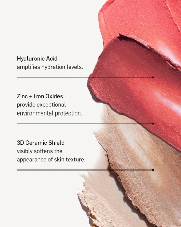 Cosmetic product swatches of red and gold with text overlay describing benefits such as hydration and skin texture softening.