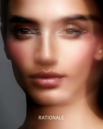 Close-up portrait of a woman with glowing skin and soft makeup for Rationale by Justin Ridler.