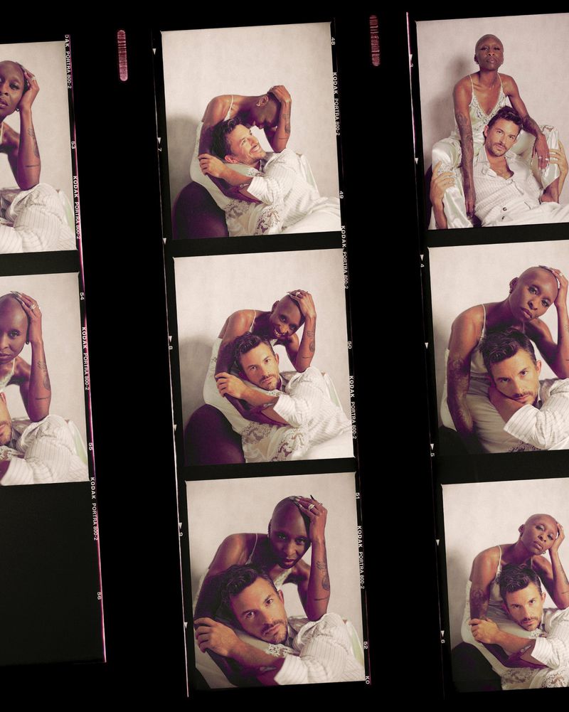 Film strip of a couple posing together in a photo studio. The woman has a shaved head, and the man has a beard. They are both wearing light-colored clothing.
