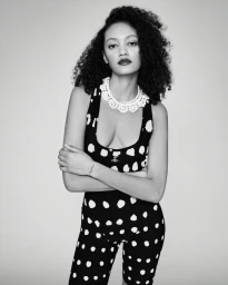 Black and white portrait of a woman with curly hair wearing a polka dot bodysuit and white lace collar against a studio background.