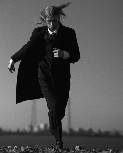 Monochrome full shot of a person in suit and coat running outdoors with blurred industrial background, emphasizing movement and classic style.