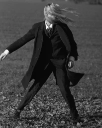 Model with long hair whipping across face wearing a dark pinstripe suit and coat outdoors on dry leaves