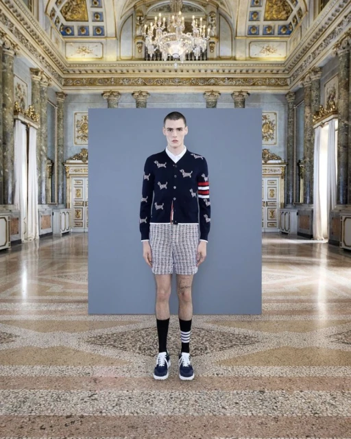 Male fashion model in a formal cardigan with dog motifs, shorts, and sneakers, posing indoors in an opulent palace-like setting.
