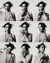 Multi-panel photographic grid featuring a woman with dark messy hair posing against a light background for Alice.D Magazine