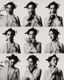 Multi-panel editorial contact sheet of a woman in a sheer blouse posing against a plain background for Alice.D Magazine