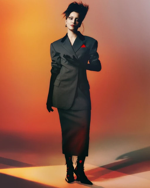 An adult woman stands in a grey suit and black gloves, posing against a bright gradient orange background in a fashion-style studio shot.