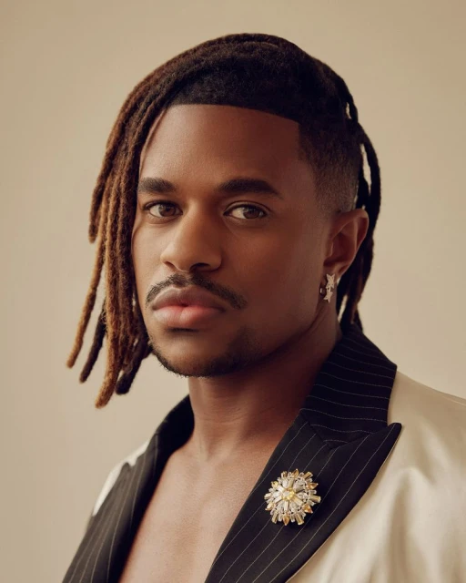 Close-up portrait of a Black male adult with dreadlocks, wearing an off-white blazer with pinstripes and a decorative brooch.