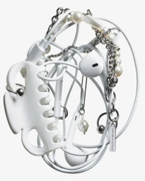 Tangled white earphones intertwined with pearl chains, silver metal rings, and a white hair claw clip