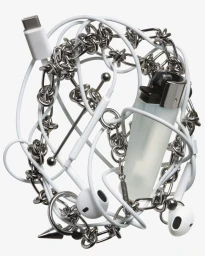 Tangled white earphones and silver chains entwined with a lighter and piercing hardware against a white background.