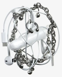 Intertwined silver metal chains, white earphones, and charging cables forming a tangled circular sculpture against a plain white background