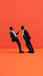 Two men in dark suits posing against a vibrant orange studio seamless backdrop for the Hermes Talk project