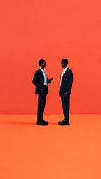 Two black men in dark suits standing against a solid orange background for a Hermes project.