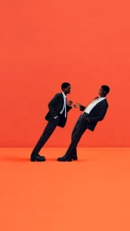 Two men in dark suits leaning back against a vibrant solid orange studio background for Hermes.