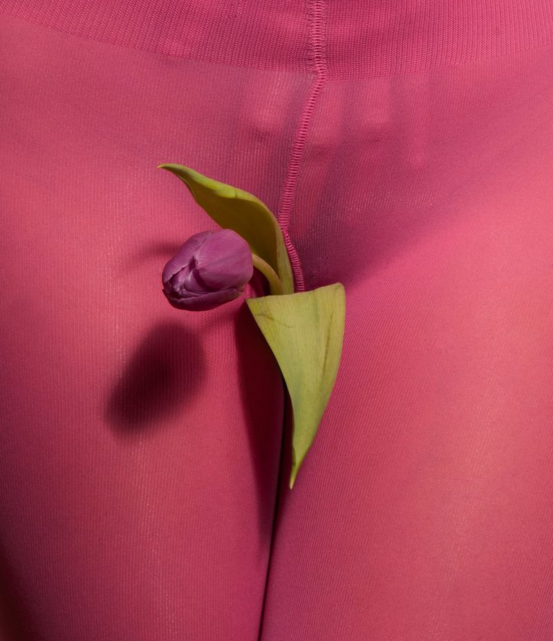 Close-up of a purple tulip flower nestled in pink fabric, highlighting the flower's color and the fabric's texture.