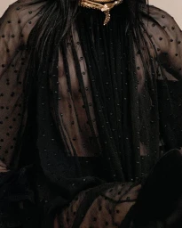 Model wearing a sheer black dotted blouse with a gold snake necklace for Chloé Winter 2024