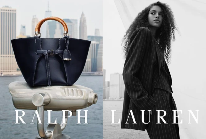 Ralph Lauren campaign featuring a handbag on a binocular viewer with a woman in a pinstripe suit against a cityscape backdrop.