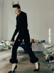 Model Sabi Khazgaleeva in a black knit top, fur-cuffed trousers, and high-heel pumps walking during a Marie Claire Taiwan shoot.