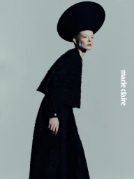 Model Sabi Khazgaleeva poses in profile wearing an oversized black saucer headpiece and textured black coat against a grey backdrop.