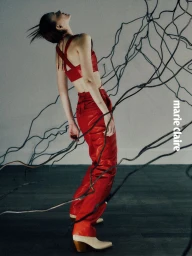 Model Sabi Khazgaleeva arched back wearing a red leather crop top and red trousers surrounded by dark sculptural wire.