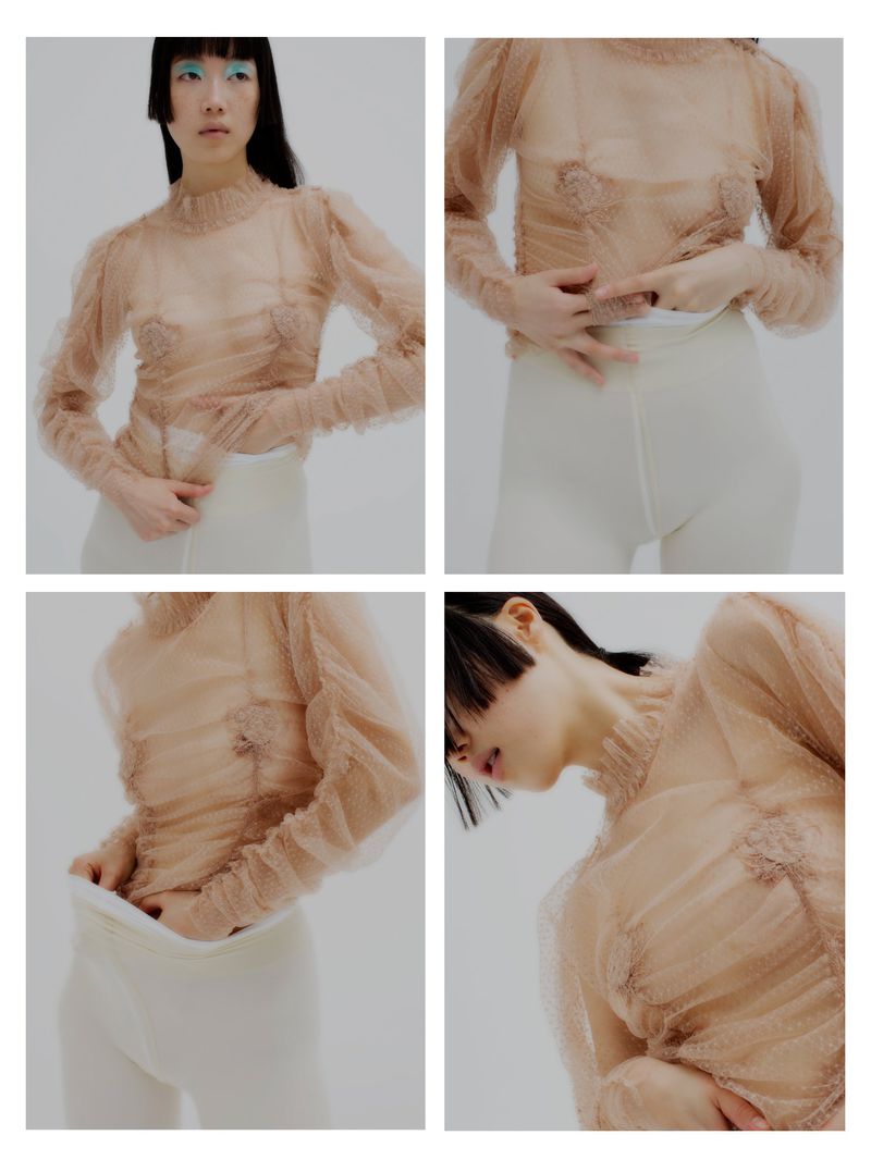 Collage of a fashion shoot featuring an Asian woman in a sheer, beige top and white leggings, set against a white background.