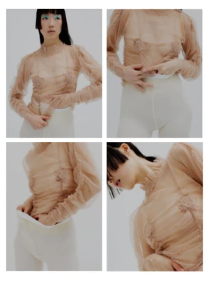 Four-panel editorial portrait of model Loo Loo wearing a sheer ruffled nude top and white tights against a plain studio background.