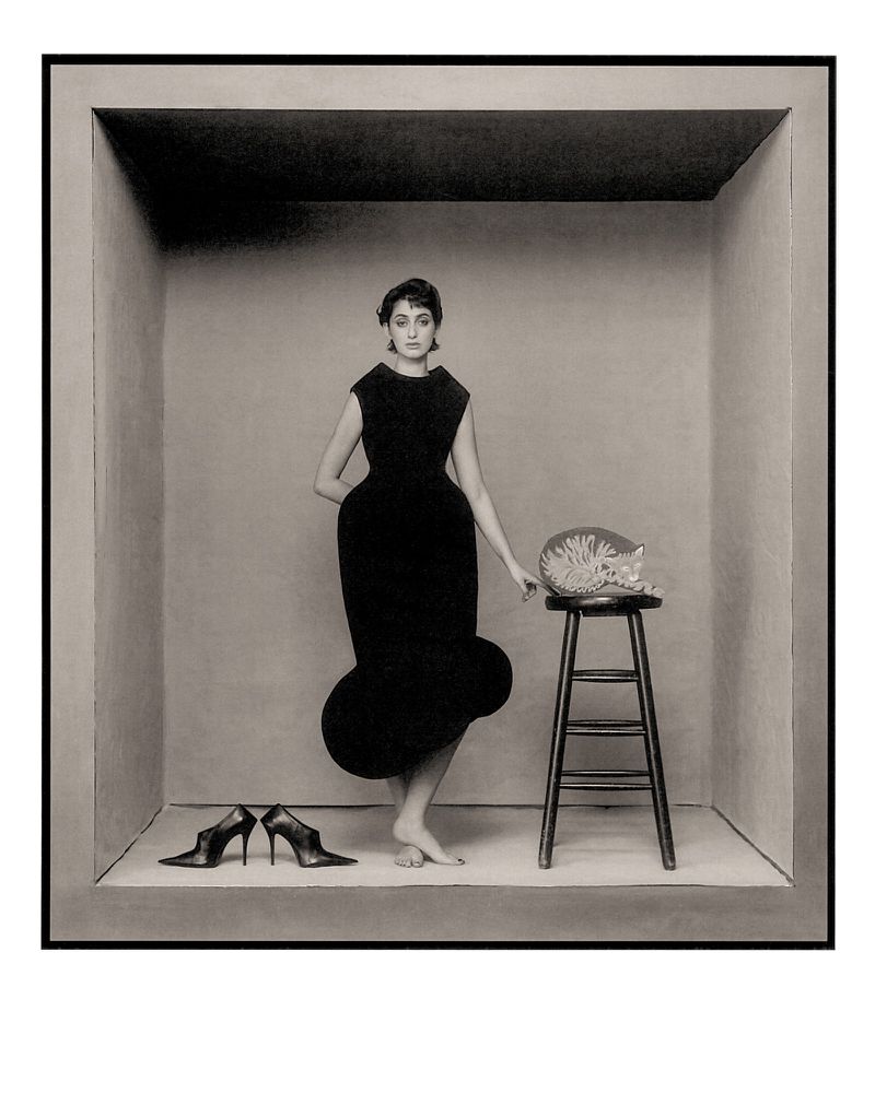 Woman in elegant black dress poses in a simple box-like room alongside a sleeping cat on a stool and a pair of high heels.