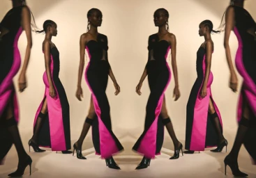 Model Mofeoluwa Onasanya wearing a black and hot pink strapless gown in a mirrored walking sequence against a studio backdrop.