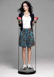 Model standing on a balance trainer holding resistance bands against a plain grey background for Noblesse Korea